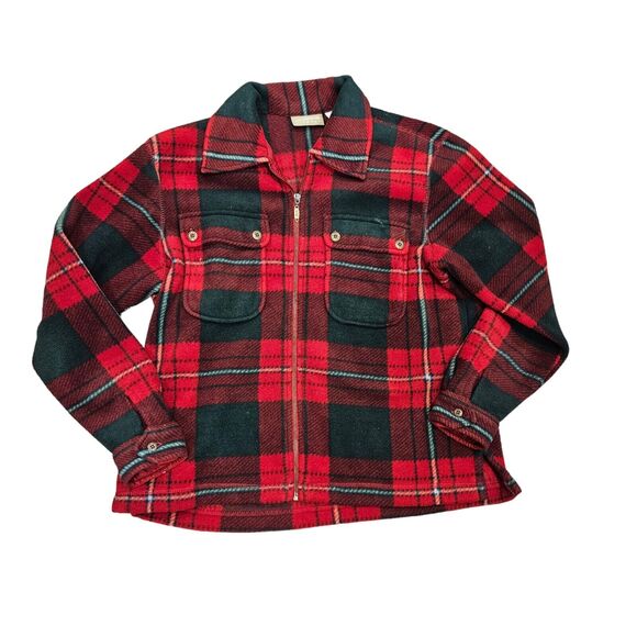 Vtg Liz Claiborne Fleece Shacket Womens M Plaid Jacket Cabincore Cottage Red Grn - Picture 1 of 8